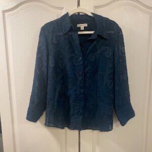 Coldwater Creek Women's Large Dark Blue Sheer Button Down